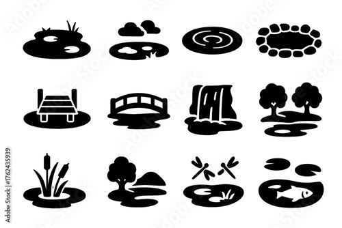Pond Icons Collection. Solid style icons of Pond Scenes: pond surface, reflected sky, rippling water, stone edge, wooden dock,