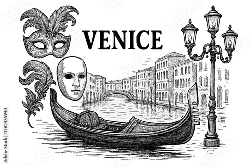 Venetian Gondola Art. Hand-drawn venetian gondola with lanterns, masks, and canals, center word “Venice” in black and white