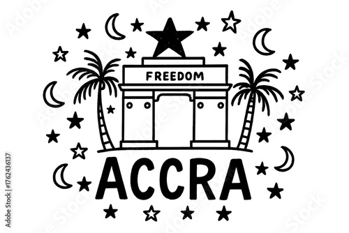 Doodle Arch and Palms. Doodle accra independence arch with stars, moons, and palm trees, center word “Accra” in black and white