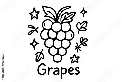 Grapes and Stars Doodle. Doodle grape bunch with stars, leaves, and sparkles, center word “Grapes” in black and white isolated