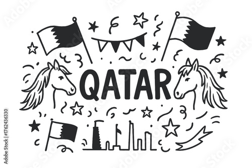 Qatar National Day Doodle. Doodle qatar national day with horses, stars, and flags, center word “Qatar” in black and white