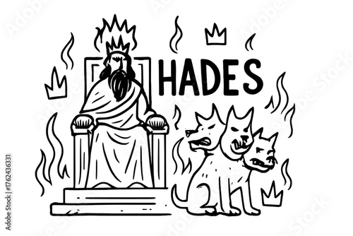 Hades Throne Art. Doodle hades throne with cerberus, flames, and crowns, center word “Hades” in black and white isolated