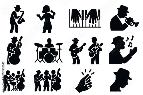 Solid Jazz Icons. Solid style icons of Jazz musicians and performance: soloist stance, singer pose, pianist hands, trumpet player,