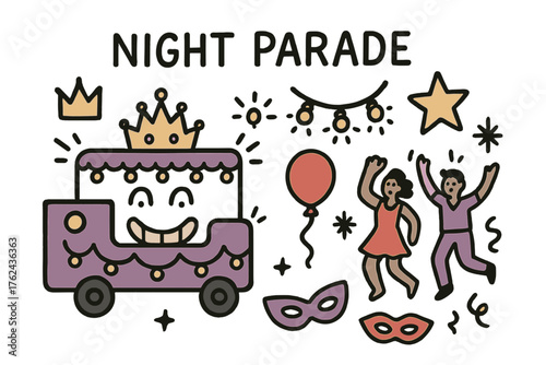 Night Parade Doodle Icons. Night parade doodle icon set: hand drawn icons of float with smile, lights, crown, star, balloon, masks