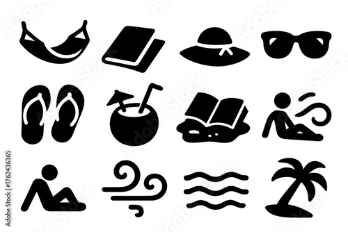 Island Relaxation Icons. Solid style icons of Island Relaxation: swinging hammock, beach towel, sun hat, sunglasses, flip flops,
