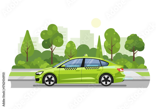 A green taxi drives along a road against a backdrop of trees and city buildings