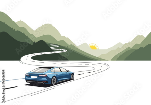 Blue car drives winding road through mountains at sunset