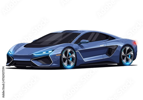 Blue sports car with angular design glowing wheels and headlights