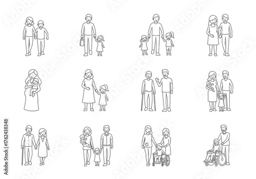 Family illustrations depicting various relationships and dynamics in different settings.