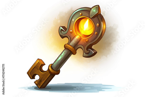 Ancient iron key glowing faintly vector, unlocking forgotten doors and cursed secret, white isolated background