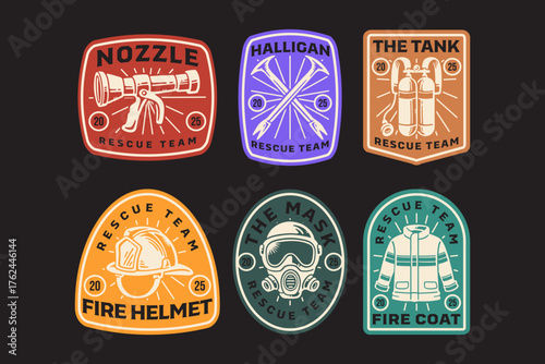 Firefighter rescue team retro badge logo design set with nozzle, halligan bar, double tank, fire hat, gas mask, fire coat. Safety emergency crew patch logo design collection. Vector Illustration