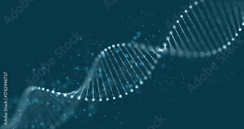 Digital DNA double helix structure with luminous particles, symbolizing genetics, biotechnology, and scientific research. Abstract molecular visualization of innovation in life medical sciences