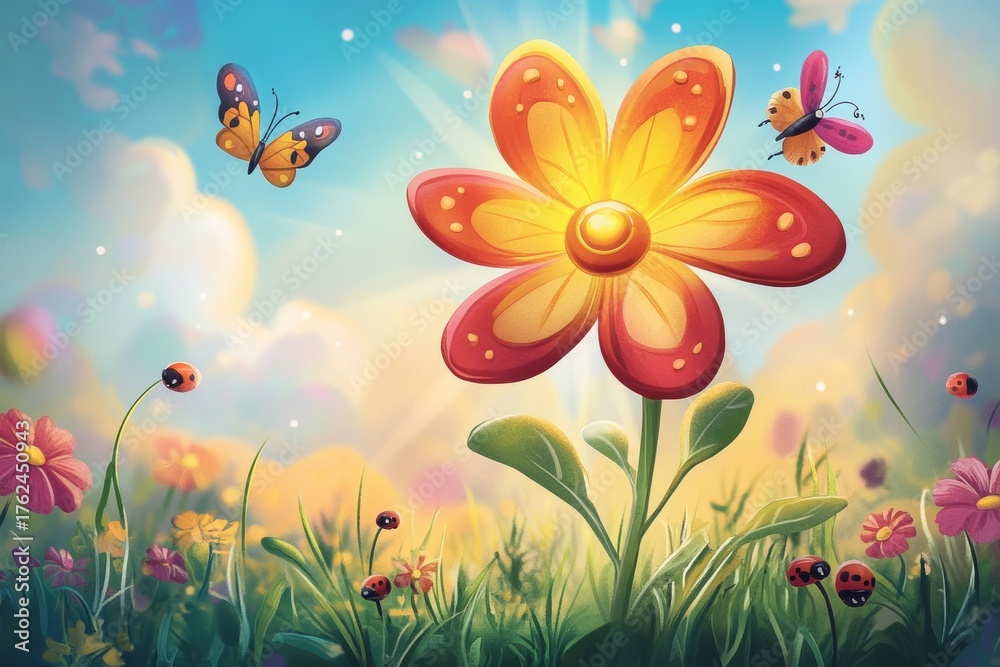 Obraz premium Vibrant flower and butterflies in a sunny meadow