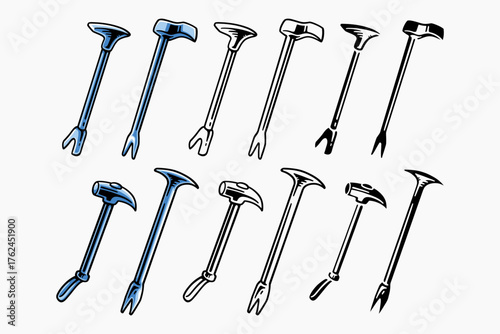 Halligan bar, Pry bar, Sledgehammer retro illustration set for rescue, safety, worker, industry. Firefighter rescue tool vintage vector collection in colorful, engraving and silhouette style