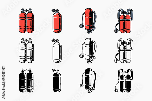 Firefighter oxygen tank, Air cylinder tank retro illustration set for rescue, safety. Fireman rescue tank, Breathing apparatus tool vintage vector collection in colorful, engraving, silhouette style