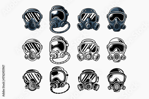 Gas mask, Respirator mask vintage vector illustration set for rescue, safety, services. Protective mask, Breathing apparatus, Safety respirator gear pack in colorful, engraving and silhouette style