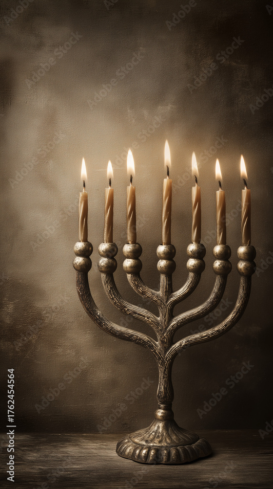 Fototapeta premium Elegant silver menorah with lit candles against a dark textured background, symbolizing the celebration of Hanukkah, concept of Jewish cultural events