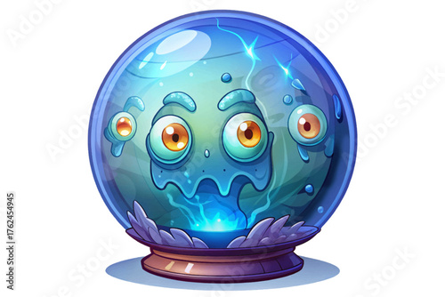 Cracked crystal ball glowing faintly blue, revealing ghostly faces and mystic fog inside glass sphere white isolated background