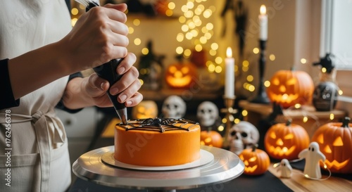 Professional baker elegantly decorating a Halloween cake with a spiderweb design in a warm, inviting kitchen setting, perfect for holiday promotions