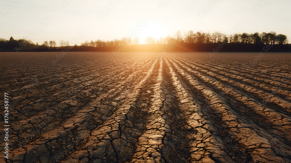 Fototapeta premium Dry, fissured field with symmetrical furrows under golden sunrise. Tree silhouettes and warm light evoke drought, agriculture, and environmental tension.