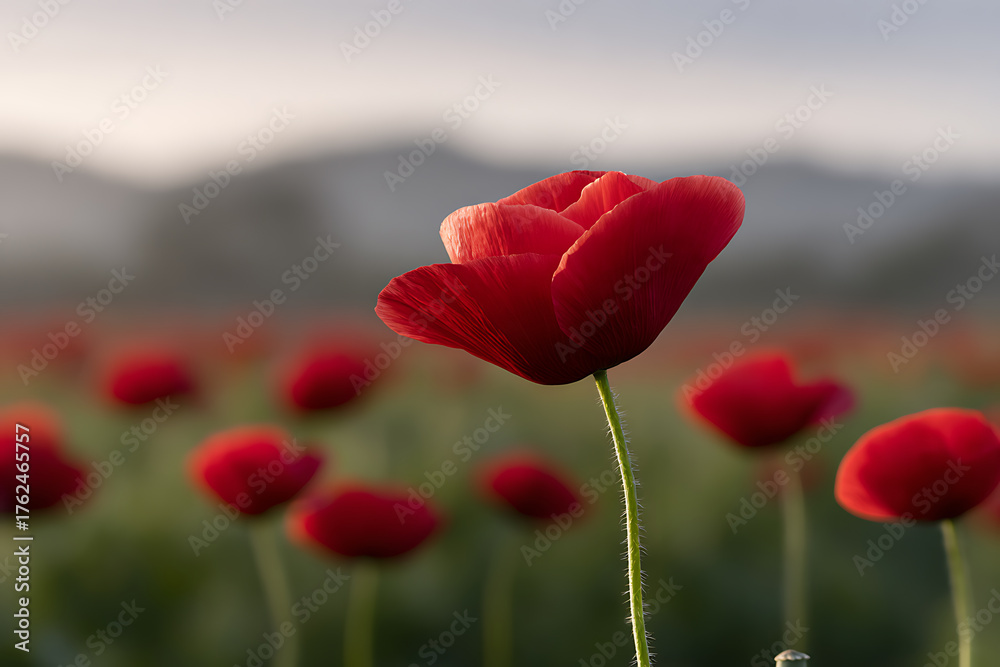 Obraz premium poppy field portrait, a bright poppy field in soft daylight, seen from a low angle with vivid red flowers against a blurred green background, no people or buildings