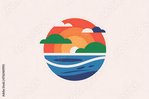 Vibrant sunset over water and rolling hills, creating a peaceful, stylized landscape scene.