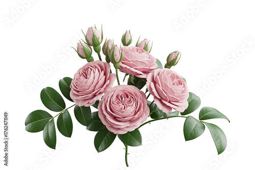 Delicate pink roses and buds with lush green foliage, conveying beauty and natural elegance.