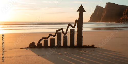Rising graph on sand, symbolizing growth against a stunning coastal sunset backdrop.