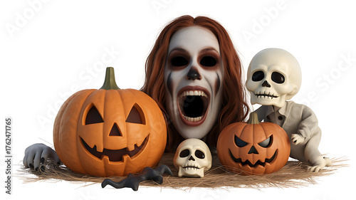 Spooky figure with a terrifying grin surrounded by pumpkins and miniature skeletal figures.