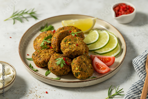 Savory vegetable patties garnished with fresh herbs, lime, and creamy sauce on a plate.