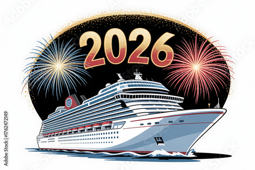 Celebratory fireworks illuminate a cruise ship sailing toward the year 2026, symbolizing hope and future voyages.