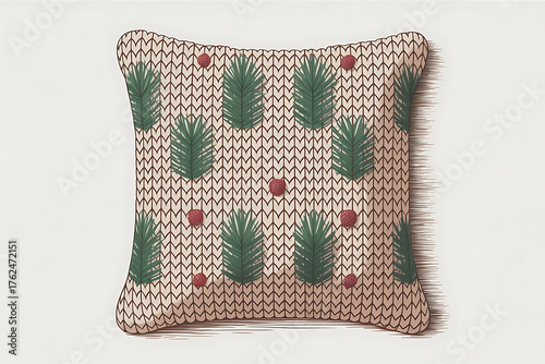 Knitted pillow showcases festive pine trees and red berries, evoking a cozy winter scene.