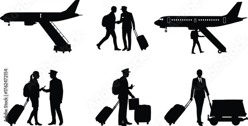 Air travel silhouettes with passengers, airline staff, luggage, boarding stairs, airport services, travel concept, cad drawing flat vector illustration