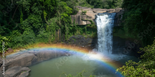 Lush greenery surrounds a cascading waterfall, creating a tranquil scene with a vibrant rainbow.