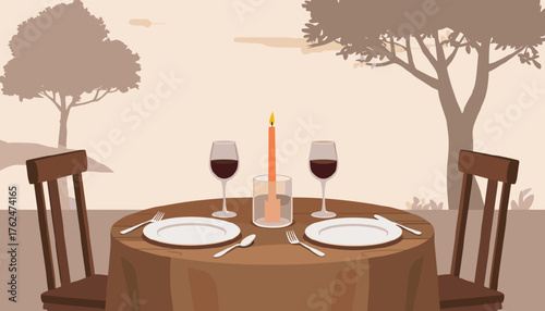 Table set for a romantic dinner in the garden with candlelight ambiance