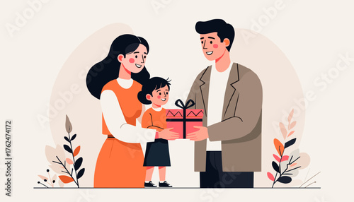 Father giving a gift to his daughter with happiness in a cheerful illustration