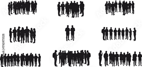 Silhouettes of people in groups, social gathering, teamwork, communication, community interaction concept, cad drawing flat vector illustration