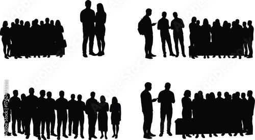 Silhouettes of people in groups, social interaction, standing together, teamwork, communication concept, cad drawing flat vector illustration