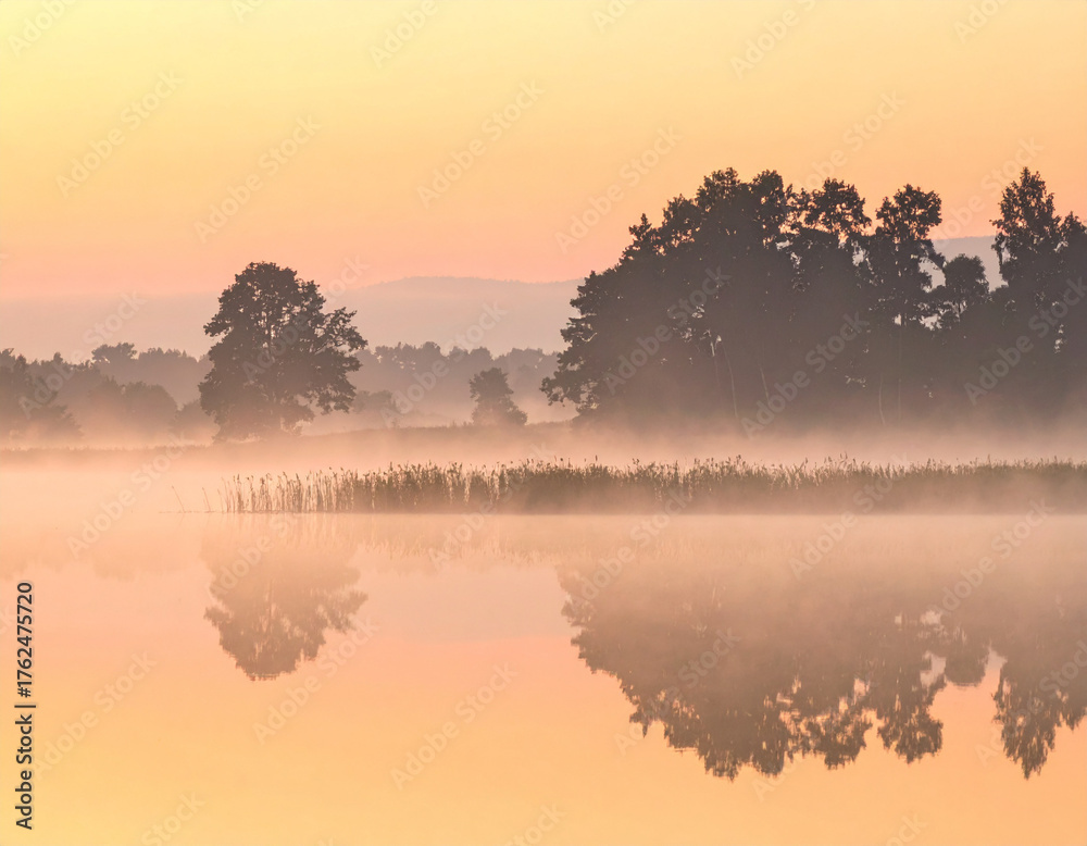 Fototapeta premium Dreamy Mist Dawn Series ,Golden Morning Fog over Calm Reflective Water