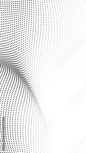 Bold black halftone vortex bending into a smooth arc, dense dots curving with depth, dramatic yet minimal abstract background, perfect for posters, covers, sleek technology themes, modern branding, cr