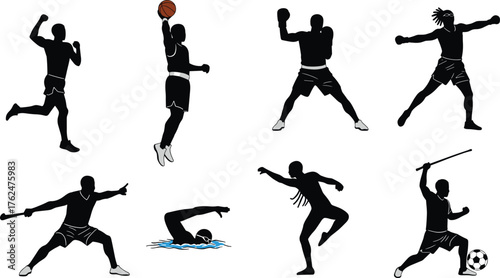 Sports silhouettes of athletes in action, running, basketball, boxing, martial arts, swimming, soccer, dance, cad drawing flat vector illustration