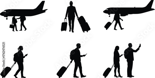 Airport travel silhouettes with passengers, luggage, airplanes, mobile phones, walking travelers, departure and arrival concept, cad drawing flat vector illustration