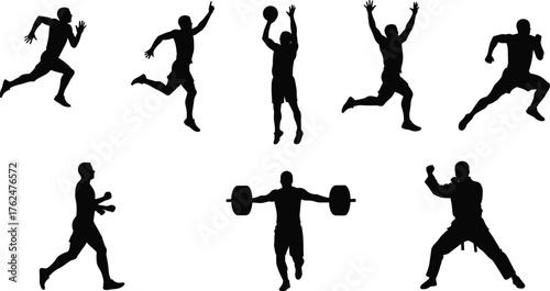 Athlete silhouettes in action, running, jumping, lifting weights, boxing, martial arts, fitness training, sports movement, cad drawing flat vector illustration