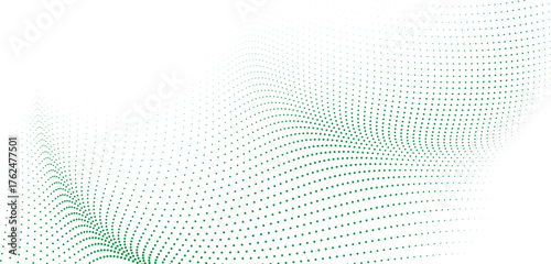 Fresh green dotted wave with smooth fade, airy halftone mesh creating modern motion, crisp abstract background ideal for technology slides posters and branding visuals
