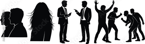Businessmen silhouettes, arguing, confrontation, discussion, conflict, communication, teamwork issues, lifestyle, cad drawing flat vector illustration