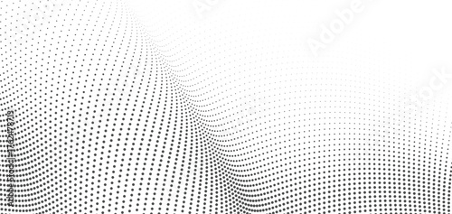 Smooth dotted halftone wave bending elegantly across white, minimal abstract mesh forming fluid motion perfect for clean tech backgrounds and presentation designs