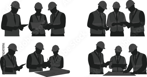 Construction teamwork silhouettes with engineers and architects, safety helmets, reviewing blueprints, planning project collaboration, cad drawing flat vector illustration