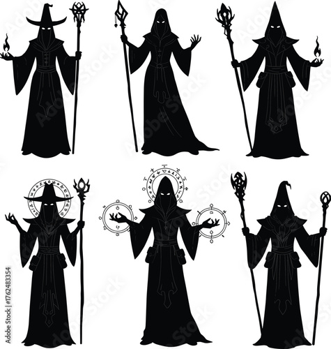 Dark wizard silhouette set, fantasy sorcerer with staff and magical symbols, mystical occult character design, cad drawing flat vector illustration
