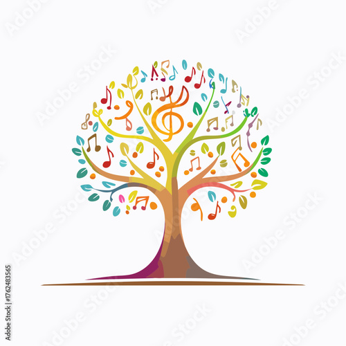A vibrant musical tree illustration, symbolizing growth, creativity, and the harmony of nature