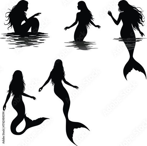 Fantasy mermaid silhouette set, mythical sea creature design, ocean folklore character with flowing hair and tail, cad drawing flat vector illustration